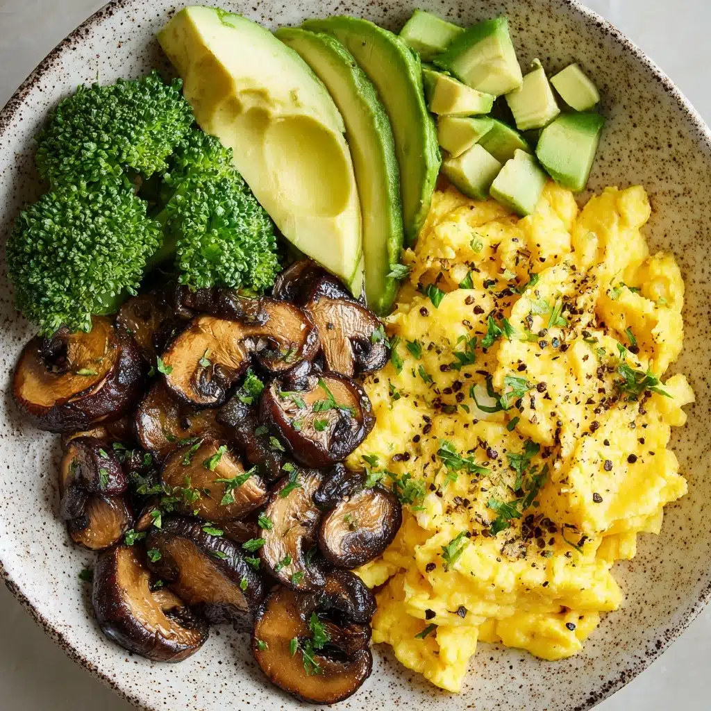 Keto Breakfast Plate with Creamy Scrambled Eggs, Mushrooms & Avocado Recipe - Recipe Image