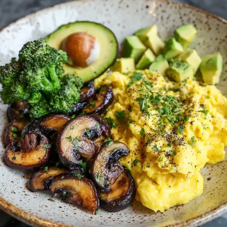 Keto Breakfast Plate with Creamy Scrambled Eggs, Mushrooms & Avocado Recipe