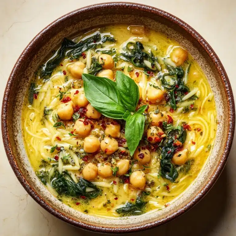 Turmeric Soup with Chickpeas, Orzo, and Spinach Recipe