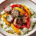 Sausage, Onion, Bell Peppers & Tomatoes over Rice Recipe