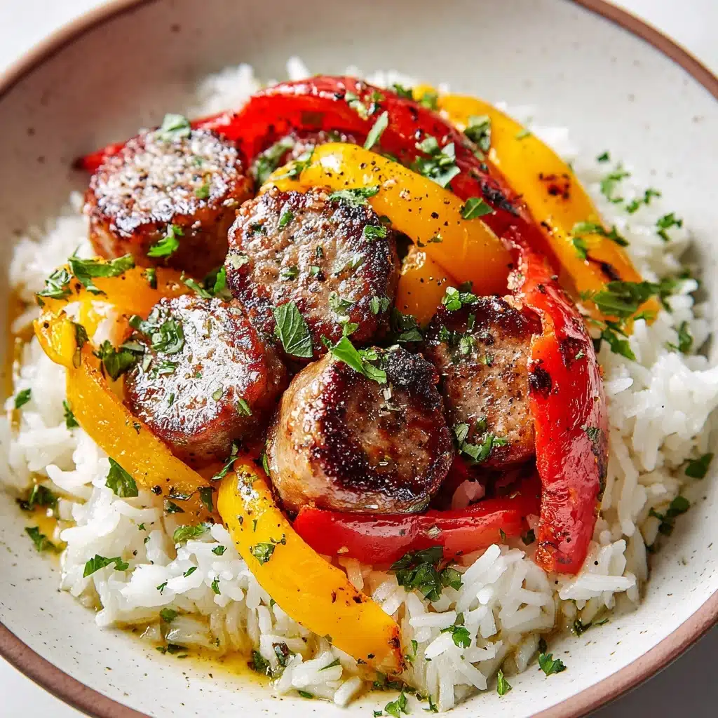 Sausage, Onion, Bell Peppers & Tomatoes over Rice Recipe - Recipe Image