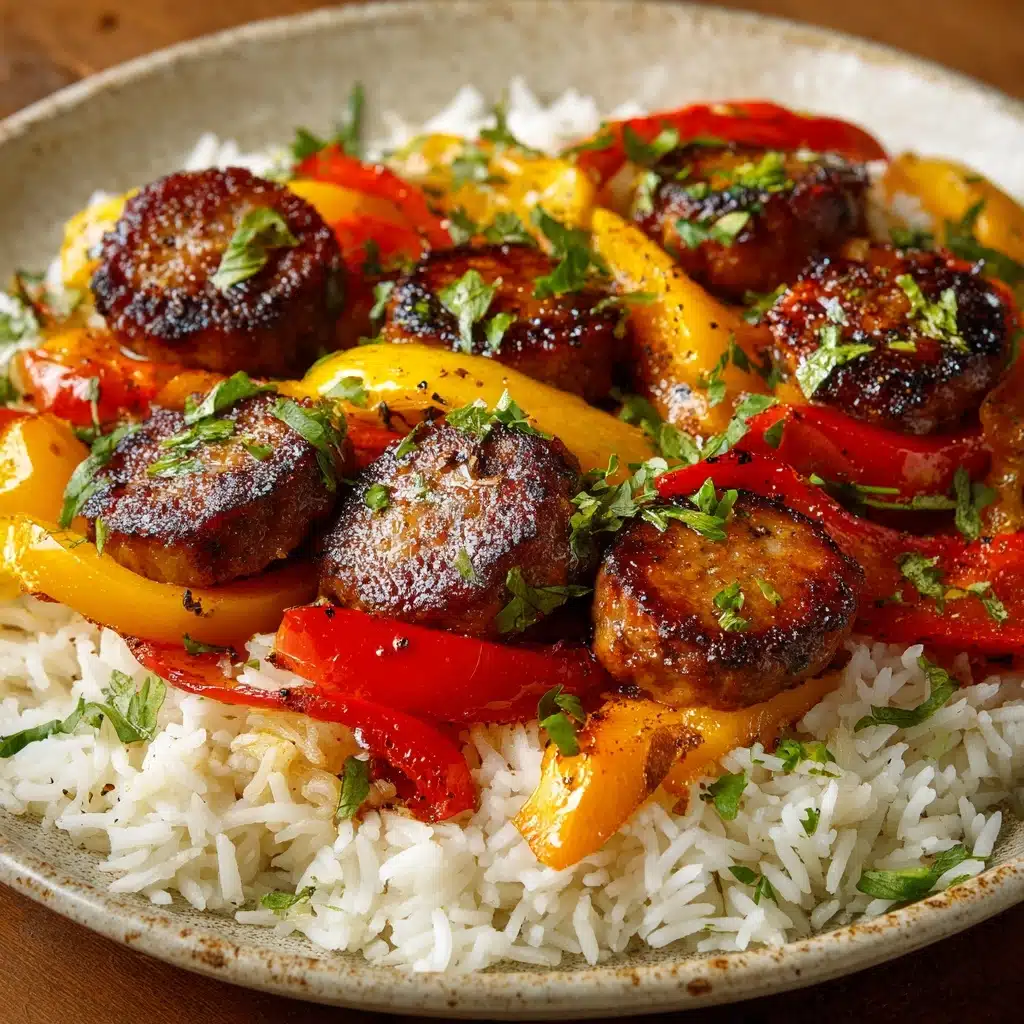 Sausage, Onion, Bell Peppers & Tomatoes over Rice Recipe - Recipe Image