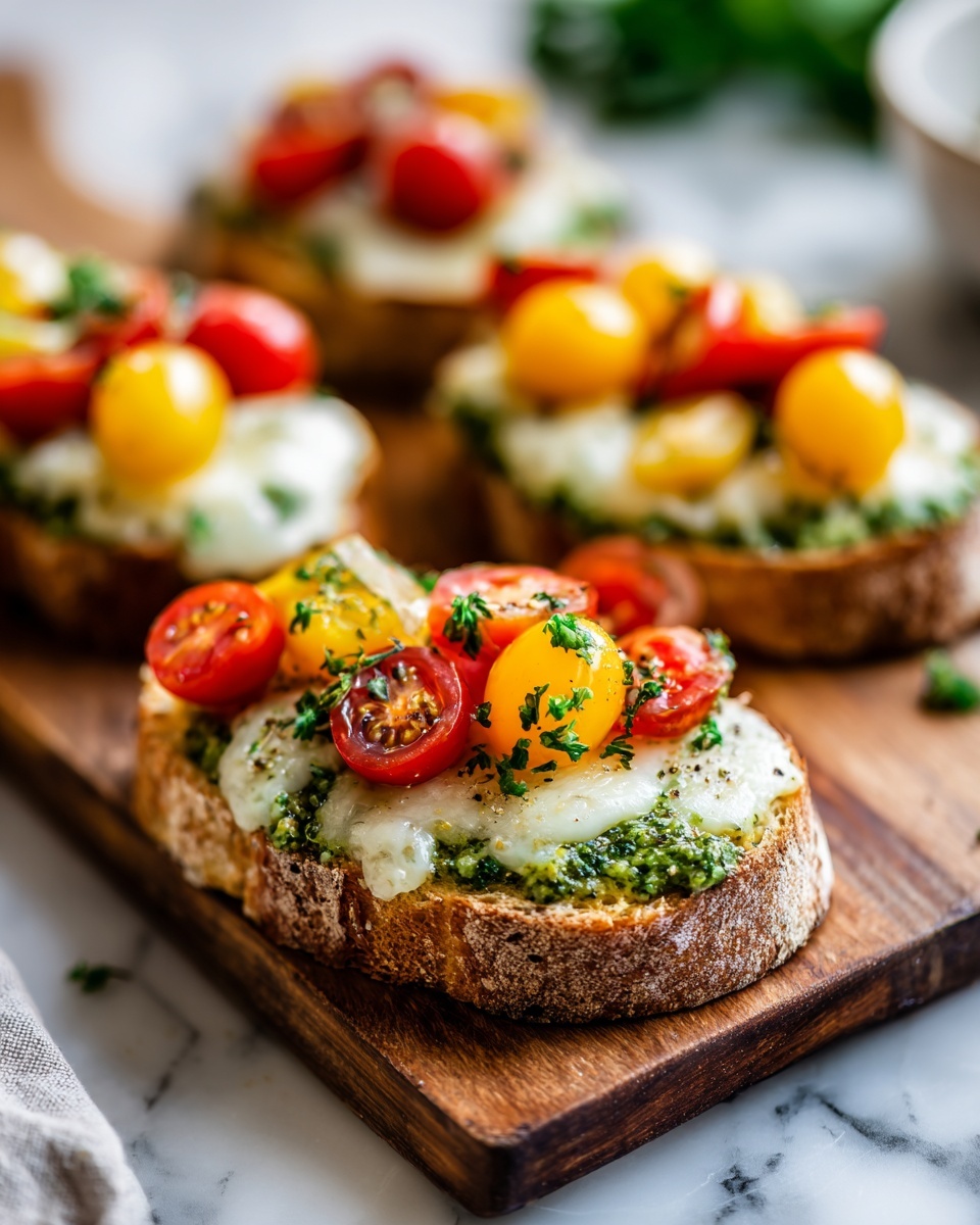 Open-Face Pesto, Cheddar, and Tomato Baguette Sandwich Recipe - Recipe Image
