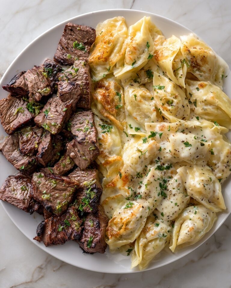 Garlic Butter Steak Bites & Creamy Alfredo Tortellini Recipe