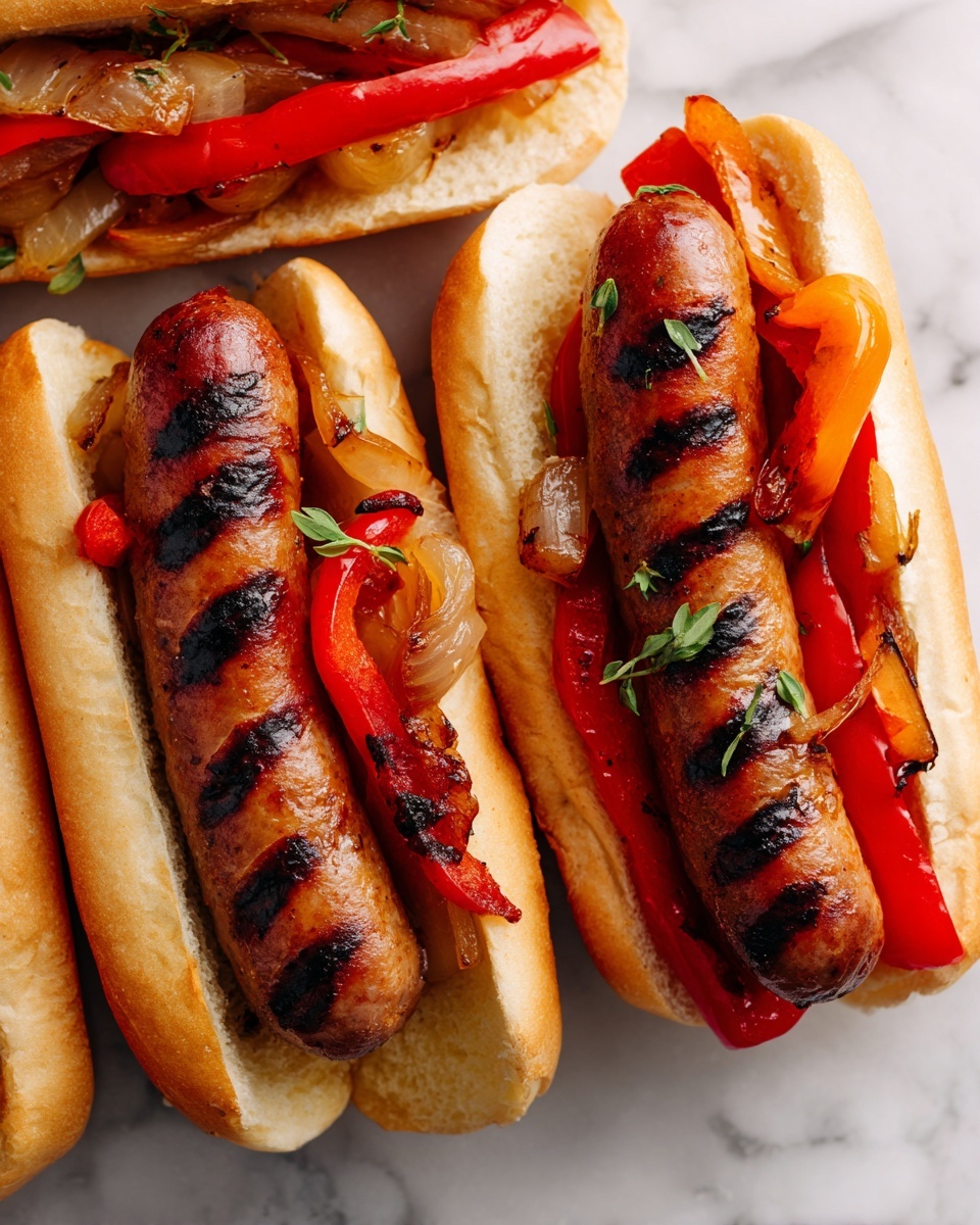 Grilled Sausage Sandwiches with Sautéed Peppers and Onions Recipe - Recipe Image