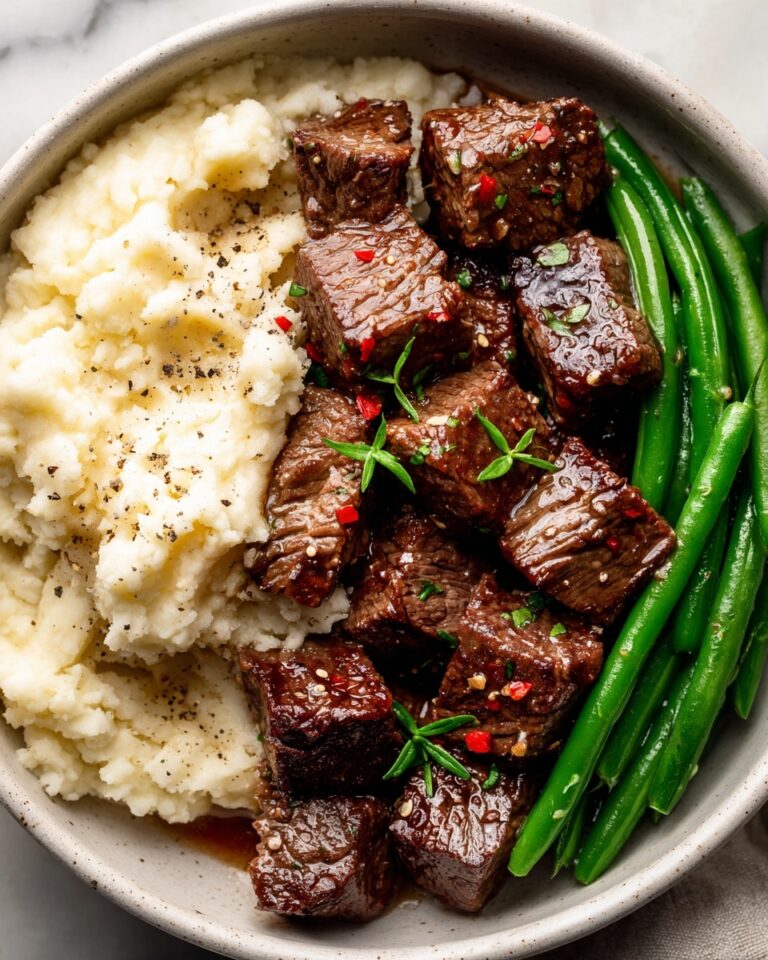 Garlic Butter Steak Bites with Mashed Potatoes and Green Beans Recipe