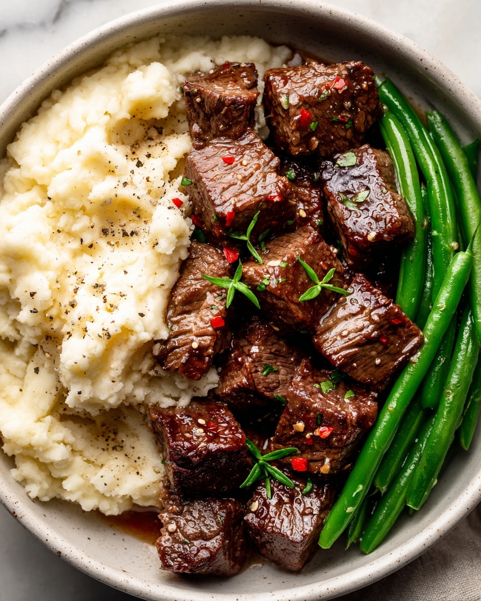 Garlic Butter Steak Bites with Mashed Potatoes and Green Beans Recipe - Recipe Image