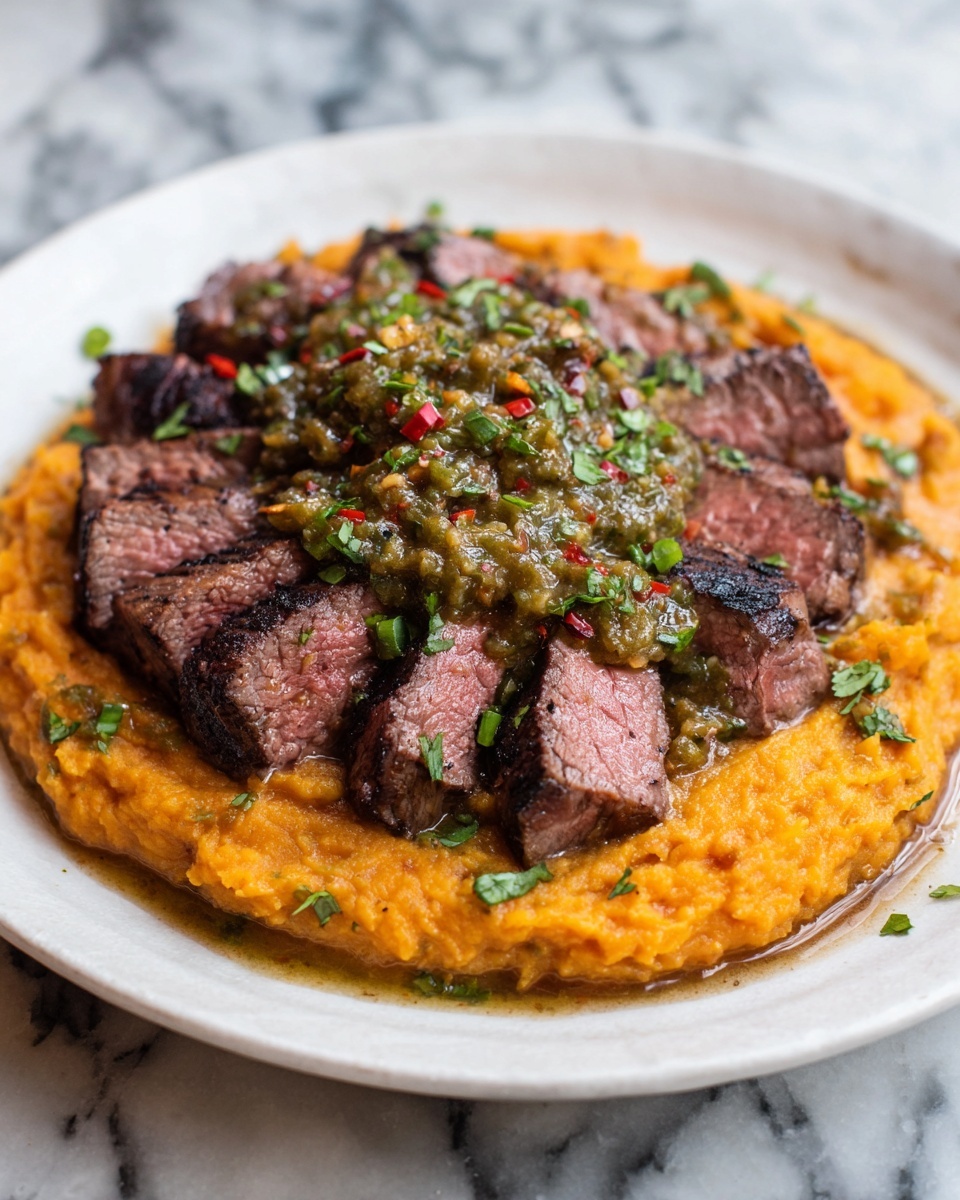 Steak with Green Sauce and Mashed Sweet Potatoes Recipe - Recipe Image