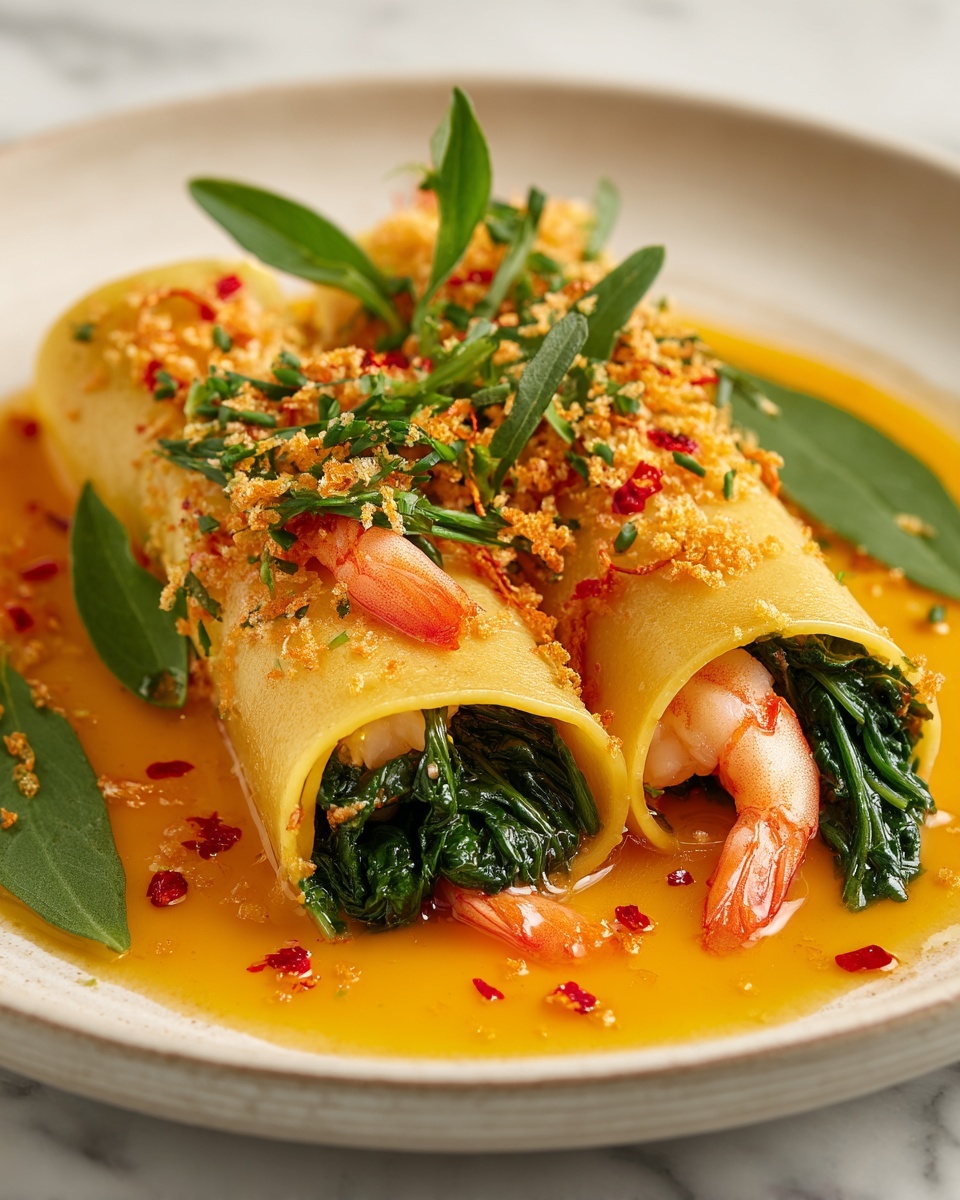 Shrimp & Spinach Stuffed Pasta Rolls with Roasted Red Pepper Cream Sauce Recipe - Recipe Image
