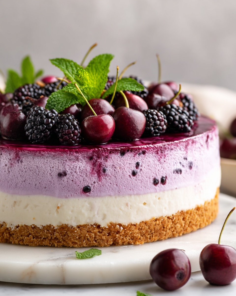 Elegant White Chocolate Blackberry Mousse Cheesecake Recipe - Recipe Image