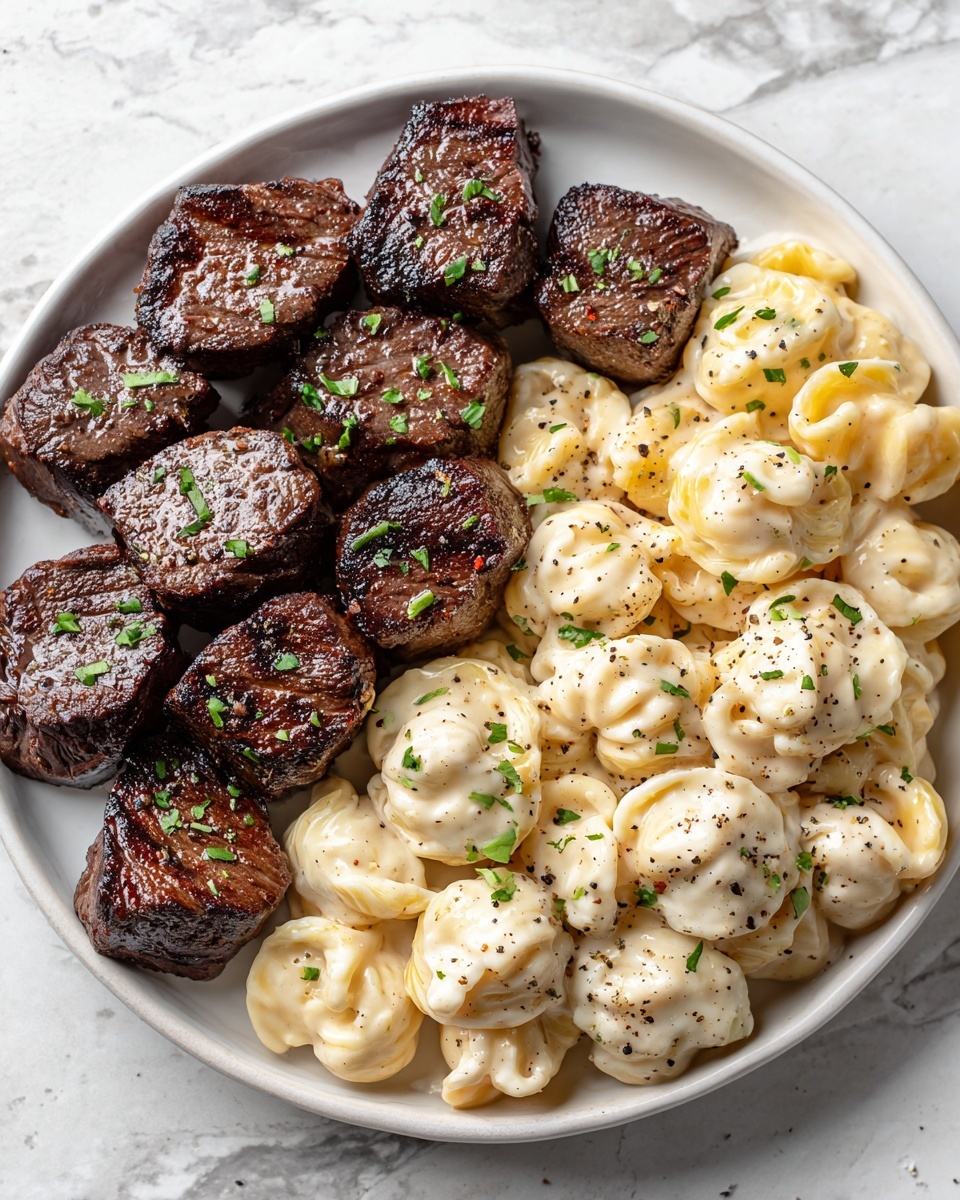 Garlic Butter Steak Bites & Creamy Alfredo Tortellini Recipe - Recipe Image