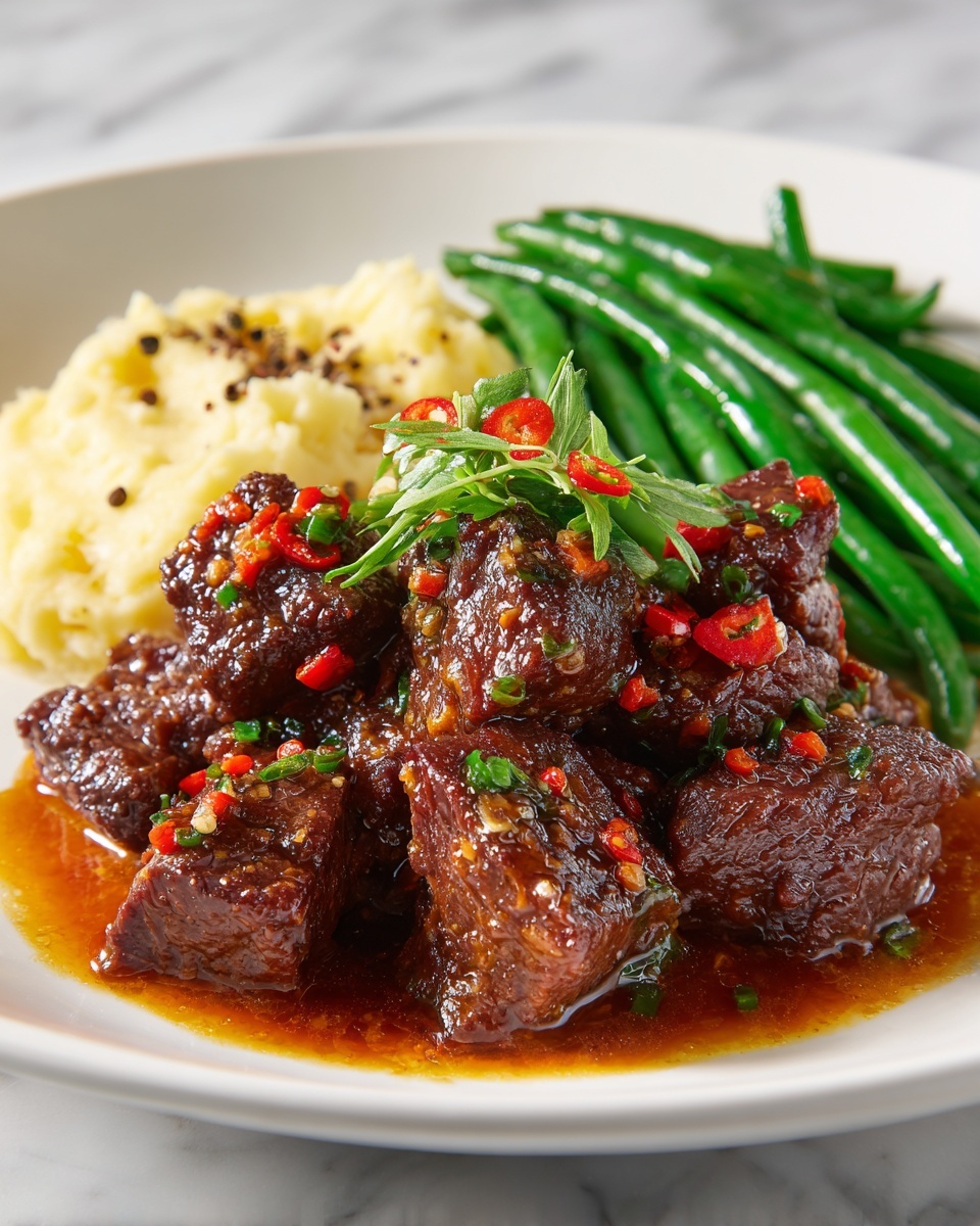 Garlic Butter Steak Bites with Mashed Potatoes and Green Beans Recipe - Recipe Image