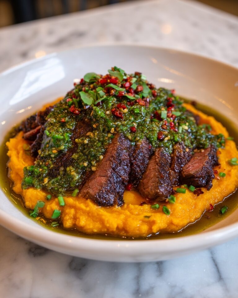 Steak with Green Sauce and Mashed Sweet Potatoes Recipe