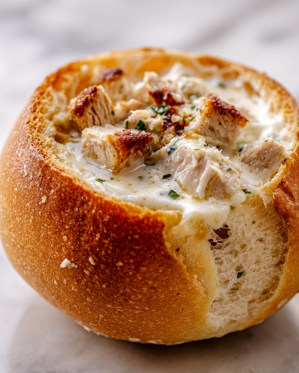 Chicken Alfredo Garlic Bread Bowls Recipe - Recipe Image