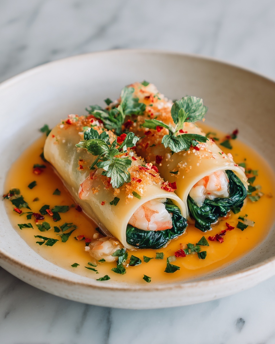 Shrimp & Spinach Stuffed Pasta Rolls with Roasted Red Pepper Cream Sauce Recipe - Recipe Image