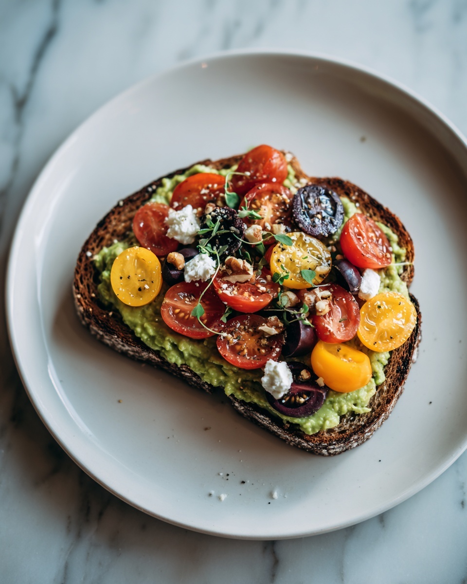 Avocado Toast with Feta, Cherry Tomatoes, Cranberries, and Walnuts Recipe - Recipe Image