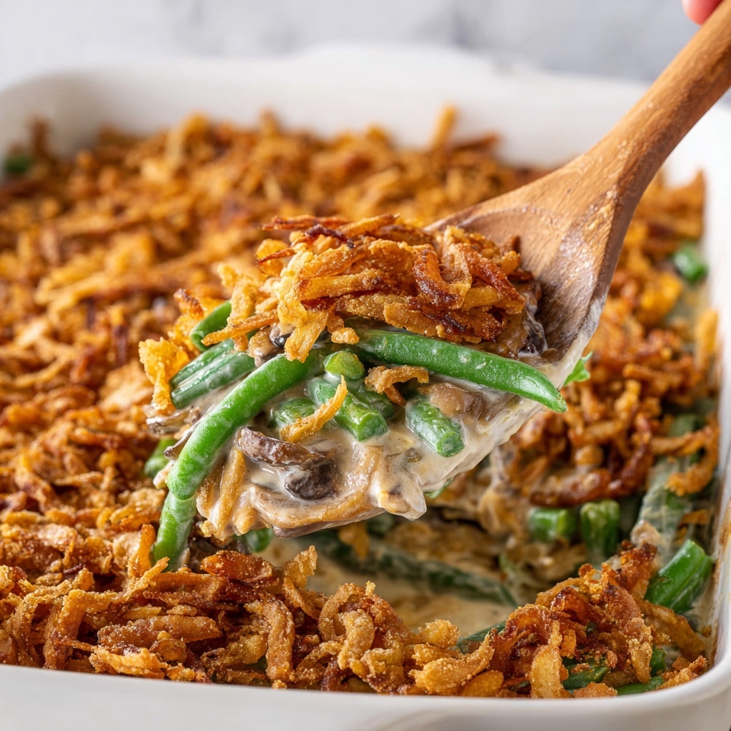 Creamy Green Bean Casserole with Mushrooms and Crispy Onions Recipe - Recipe Image