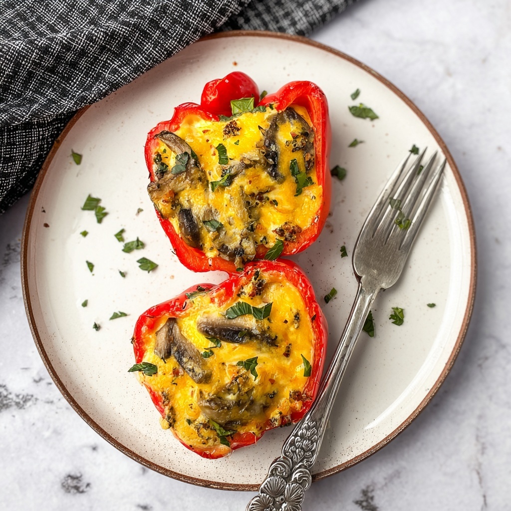 Breakfast Stuffed Bell Peppers with Turkey Sausage, Mushrooms, Spinach, and Cheddar Recipe - Recipe Image