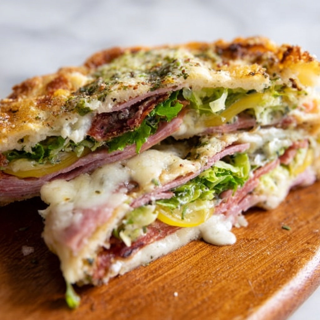 Focaccia Grinder Sandwich with Pesto, Cured Meats, and Fresh Greens Recipe - Recipe Image