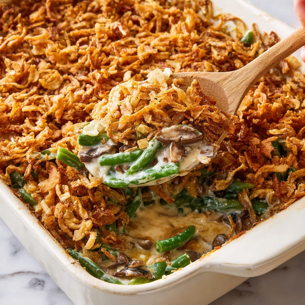 Creamy Green Bean Casserole with Mushrooms and Crispy Onions Recipe - Recipe Image