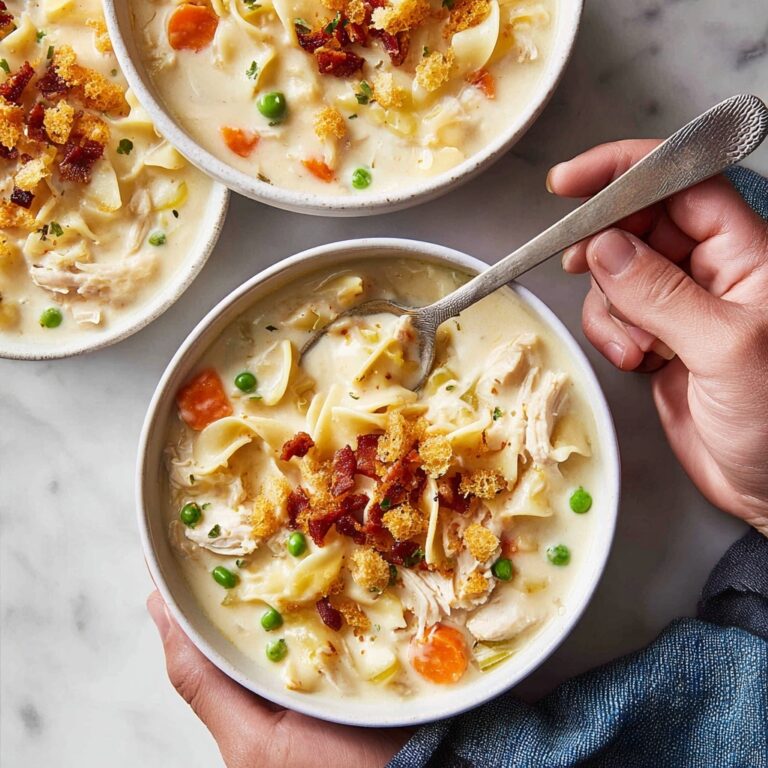 Creamy Chicken Noodle Soup with Mini Croutons and Crispy Bacon Recipe