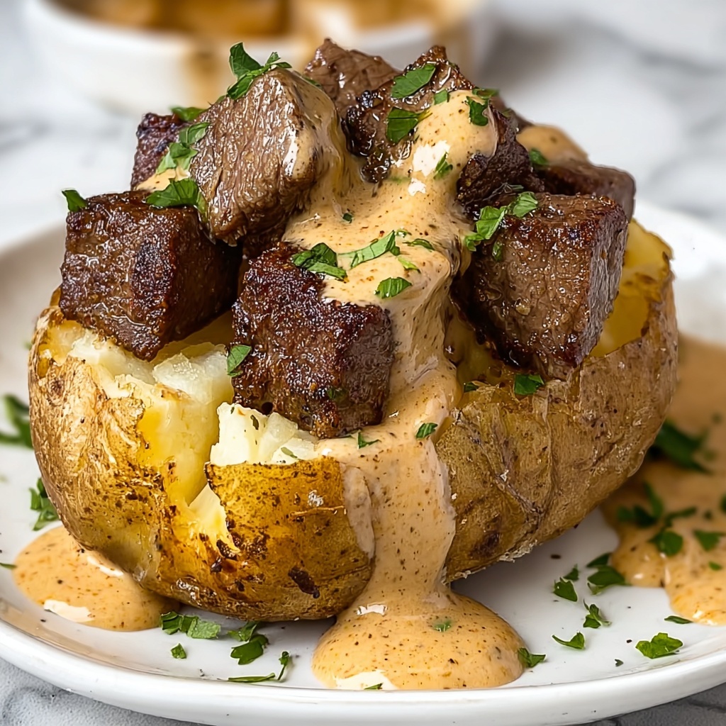 Loaded Baked Potato with Steak Bites and Parmesan Cream Sauce Recipe - Recipe Image