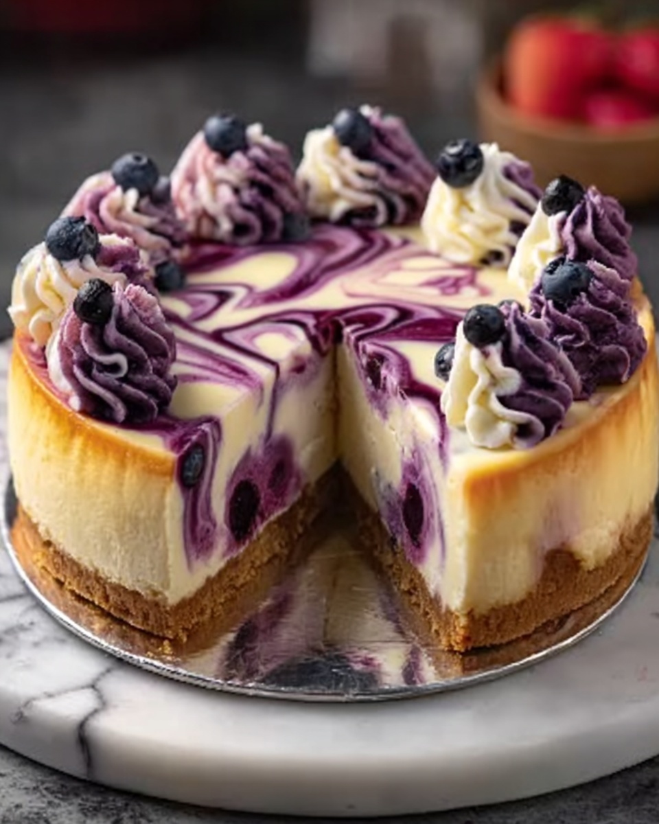 Elegant White Chocolate Blueberry Swirl Cheesecake Recipe - Recipe Image
