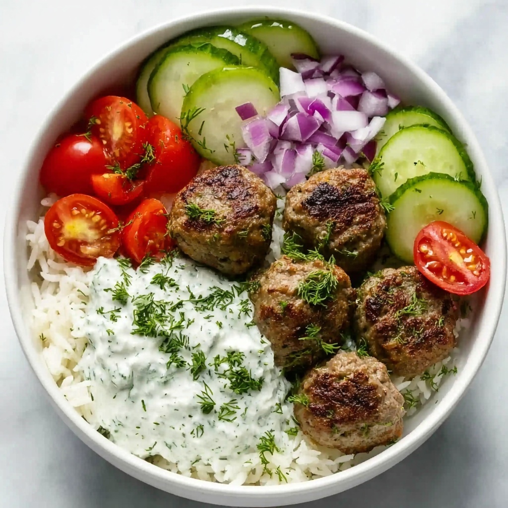 Greek Meatball Bowl with Tzatziki, Rice & Fresh Veggies Recipe - Recipe Image