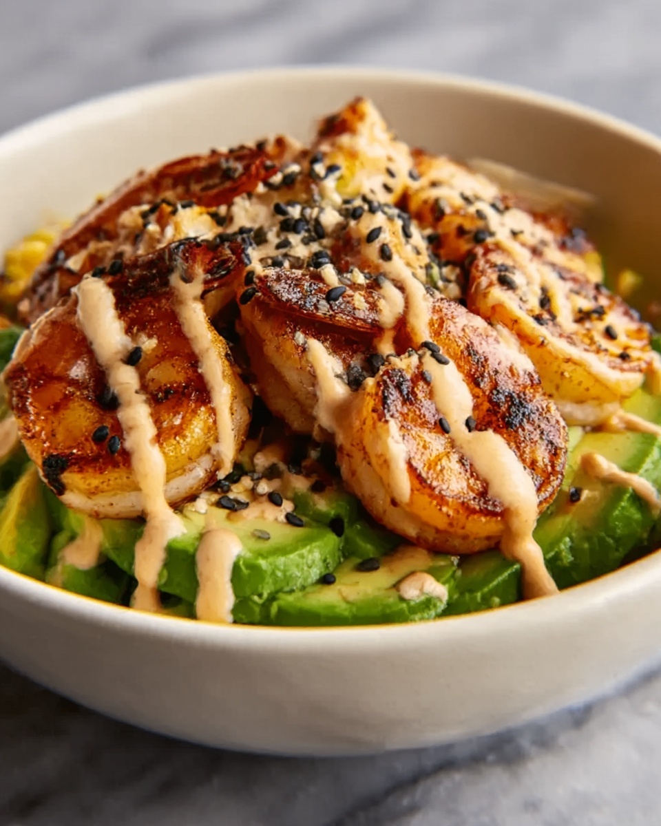 Grilled Shrimp Bowl with Avocado, Corn Salsa, and Creamy Lime Sauce Recipe - Recipe Image